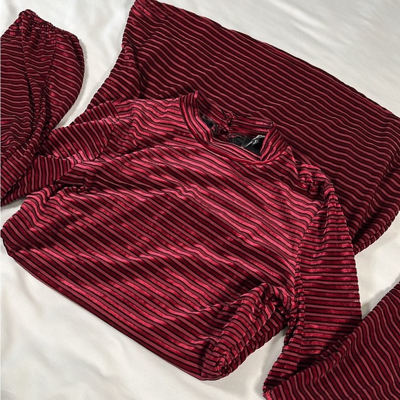 Lulus S Striped Burgundy Red Velvet Mini Dress Balloon Sleeves Keyhole Back - Picture 10 of 12